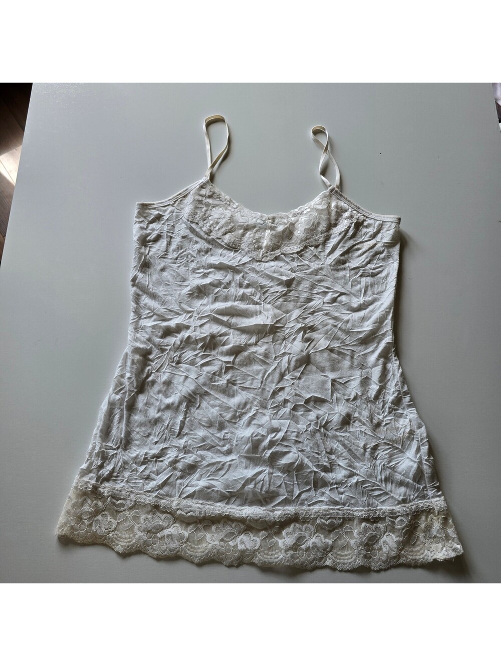 Maurices White Crinkle Cami Top L Lace Trim Layering Spaghetti Strap Tank